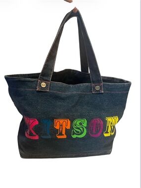 kitson Y2K Dark Denim Two Handle Open Top Tote Bag with Colorful Neon Lettering